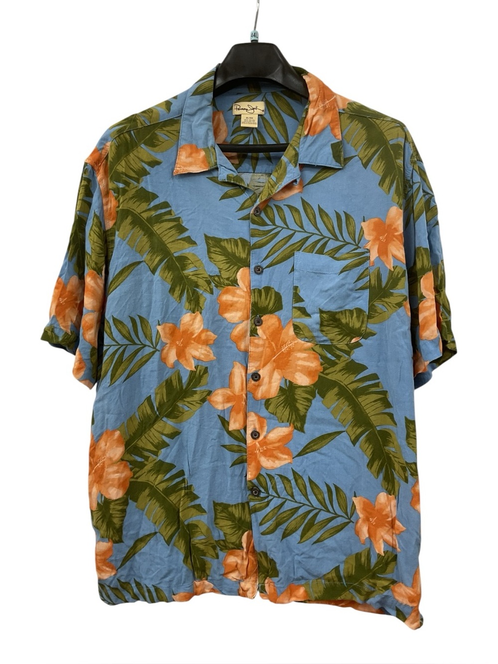 Panama Jack XL Blue Palm Leaf Orange Hibiscus Flower Rayon